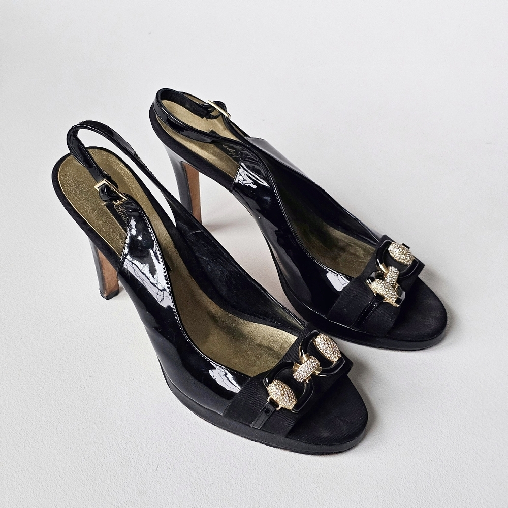 VTG Beverly Feldman Black Patent Slingback Heels Crystal Hardware Peep Toe 10M